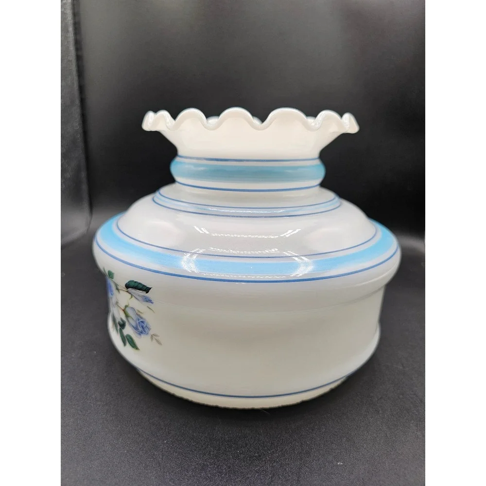 Vintage Milk Glass Hurricane Lamp Shade Blue Rose Floral Ruffled Edge 7in Fitter